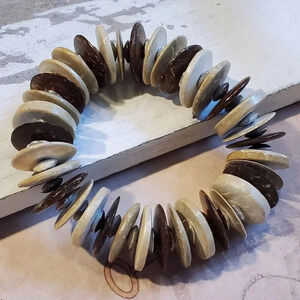 Philippines Cream Tan Brown Wood Disc Silver Beads Stretch Bangle Bracelet